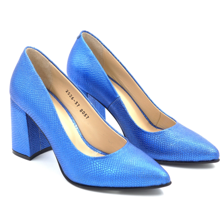 Pantofi dama din piele naturala albastru metalizat cu varf ascutit stiletto si toc mediu gros imbracat de 8 cm 8057-15-25 [2]