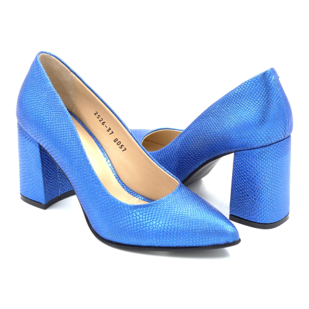 Pantofi dama din piele naturala albastru metalizat cu varf ascutit stiletto si toc mediu gros imbracat de 8 cm 8057-15-25 [3]