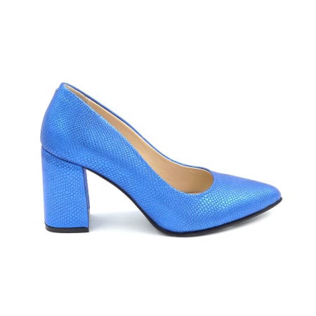 Dama - Pantofi dama din piele naturala albastru metalizat cu varf ascutit stiletto si toc mediu gros imbracat de 8 cm 8057-15-25