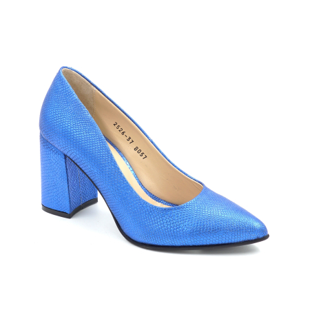 Pantofi dama din piele naturala albastru metalizat cu varf ascutit stiletto si toc mediu gros imbracat de 8 cm 8057-15-25 [1]