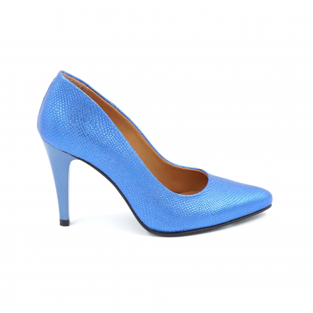 Pantofi elegant & office dama - Pantofi dama din piele naturala cu imprimeu albastru metalizat cu  varf ascutit stiletto si  toc inalt subtire  9 cm 1159-25