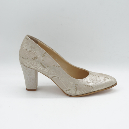 Pantofi dama din piele naturala aurie, cu varf ascutit si toc mediu gros imbracat de 7 cm 0449-3-26 [0]