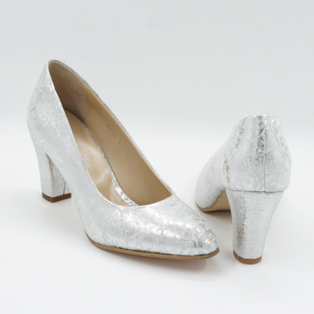 Pantofi dama din piele naturala argintie, cu varf ascutit si toc mediu gros imbracat de 7 cm 0449-4-26 [4]