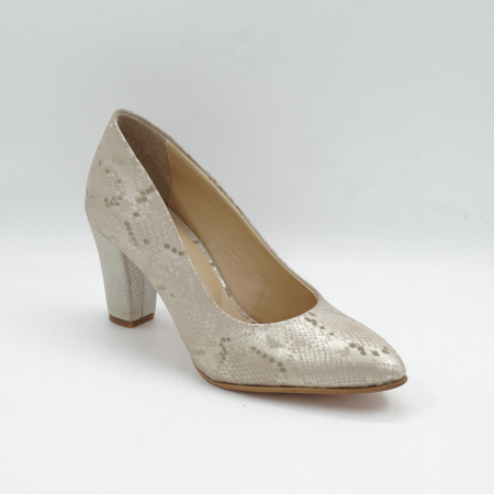 Pantofi dama din piele naturala aurie, cu varf ascutit si toc mediu gros imbracat de 7 cm 0449-3-26 [1]