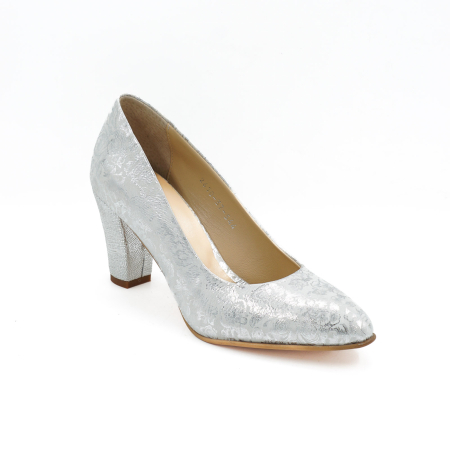 Pantofi dama din piele naturala argintie, cu varf ascutit si toc mediu gros imbracat de 7 cm 0449-4-26 [1]