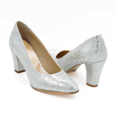 Pantofi dama din piele naturala argintie, cu varf ascutit si toc mediu gros imbracat de 7 cm 0449-4-26 [3]