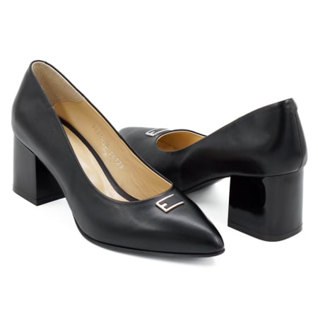 Pantofi elegant & office dama - Pantofi dama din piele naturala neagra, cu varf ascutit stiletto si toc mic gros 6 cm 54125-26