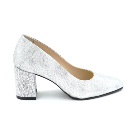 Lichidare stocuri - Pantofi dama din piele naturala argintie cu varf ascutit si toc mic gros imbracat de 6 cm 0700-25