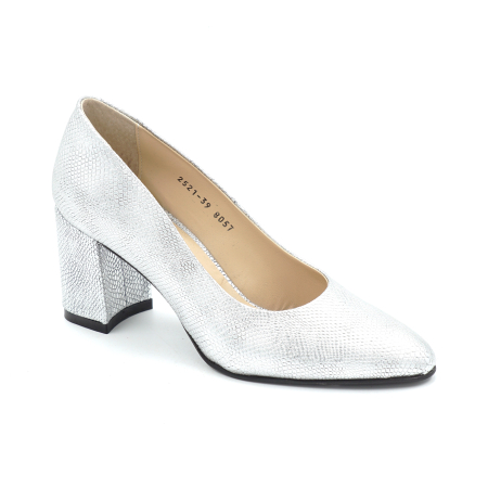 Pantofi dama din piele naturala argintie cu varf ascutit si toc mic gros imbracat de 6 cm 0700-25 [1]