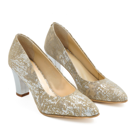 Pantofi dama din piele naturala aurie, cu varf ascutit si toc mediu gros de 7 cm 0449-9-26 [2]
