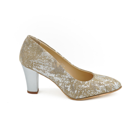 Pantofi dama din piele naturala aurie, cu varf ascutit si toc mediu gros de 7 cm 0449-9-26 [0]