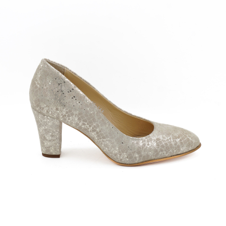 Pantofi dama din piele naturala aurie, cu varf ascutit si toc mediu gros imbracat de 7 cm 0449-12-26 [0]