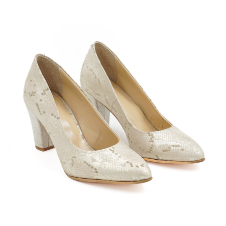 Pantofi dama din piele naturala aurie, cu varf ascutit si toc mediu gros imbracat de 7 cm 0449-3-26 [2]