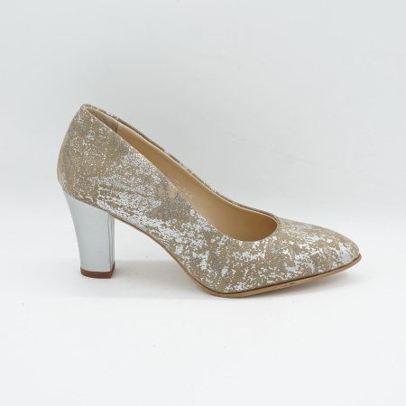 Pantofi dama - Pantofi dama din piele naturala aurie, cu varf ascutit si toc mediu gros de 7 cm 0449-9-26