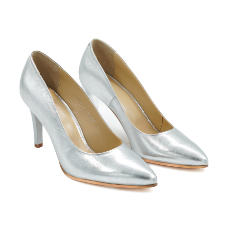 Pantofi dama din piele naturala argintie, cu varf ascutit stiletto si toc mediu subtire de 8 cm 0445-1-26 [2]
