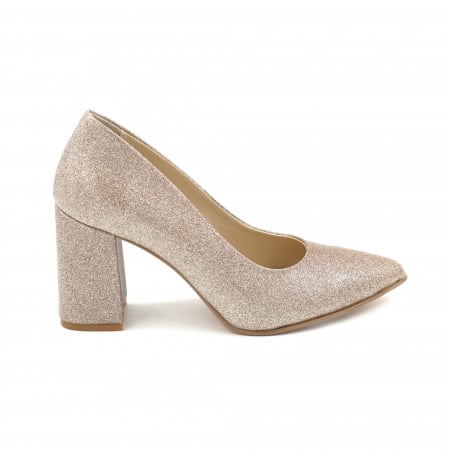 Pantofi elegant & office dama - Pantofi dama din piele naturala glitter aurie cu varf ascutit stiletto si toc mediu gros imbracat 8 cm 8057-9-25