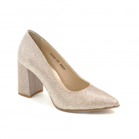 Pantofi dama din piele naturala glitter aurie cu varf ascutit stiletto si toc mediu gros imbracat 8 cm 8057-9-25 [1]