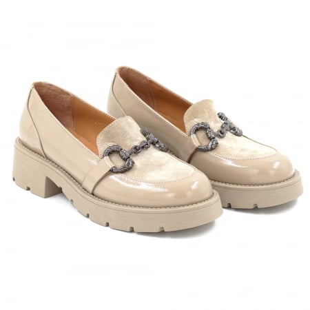 Pantofi dama casual loafers din piele naturala lacuita cappucino cu varf rotund si talpa de 3 cm 63920-25 [2]