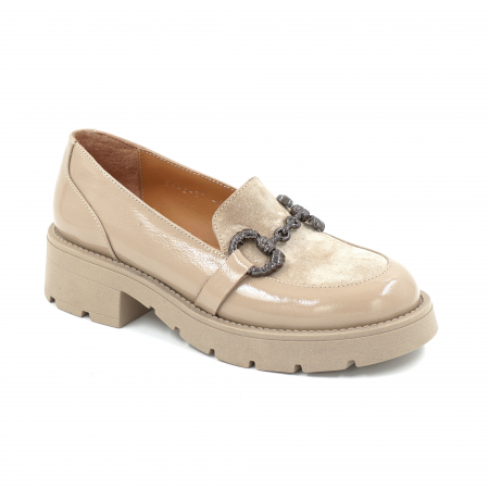 Pantofi dama casual loafers din piele naturala lacuita cappucino cu varf rotund si talpa de 3 cm 63920-25 [1]