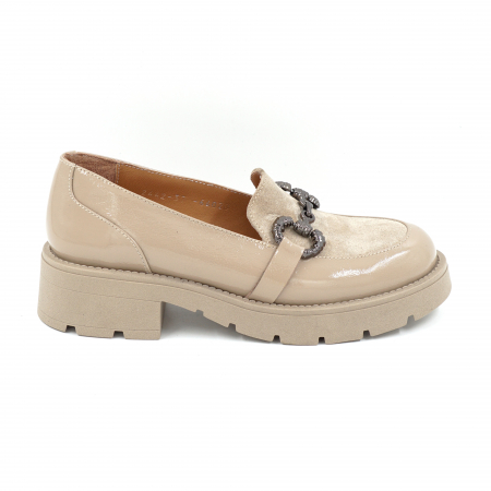 Pantofi casual & sport dama - Pantofi dama casual loafers din piele naturala lacuita cappucino cu varf rotund si talpa de 3 cm 63920-25