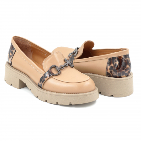 Pantofi dama casual loafers din piele naturala maro deschis si lacuita cu imprimeu animal print, cu varf rotund si talpa 4 cm 53025-25 [2]
