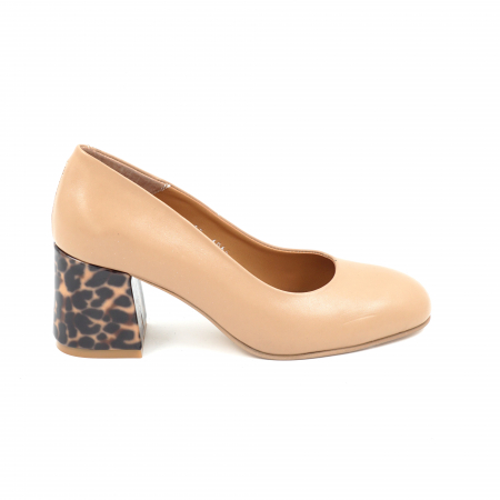 Lichidare stocuri - Pantofi dama din piele naturala bej inchis si cu imprimeu lacuit animal print cu varf rotund si toc mic gros  imbracat 6 cm 6065-25