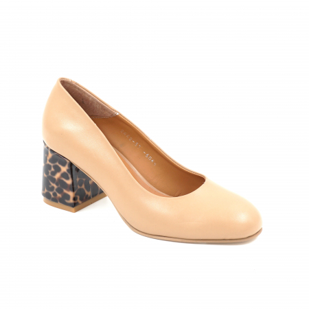 Pantofi dama din piele naturala bej inchis si cu imprimeu lacuit animal print cu varf rotund si toc mic gros  imbracat 6 cm 6065-25 [2]