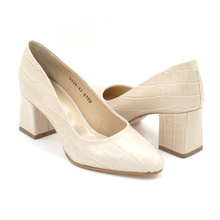 Pantofi dama din piele naturala croco bej cu varf ascutit si toc mic gros imbracat de 6 cm 0700-2-25 [3]