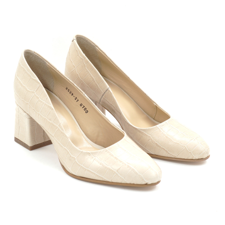 Pantofi dama din piele naturala croco bej cu varf ascutit si toc mic gros imbracat de 6 cm 0700-2-25 [2]