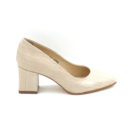 Lichidare stocuri - Pantofi dama din piele naturala croco bej cu varf ascutit si toc mic gros imbracat de 6 cm 0700-2-25