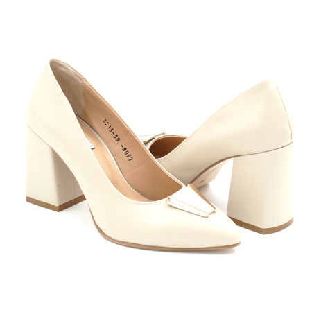 Pantofi dama din piele naturala bej cu varf ascutit si toc imbracat de 8 cm 50824-4-25 [2]