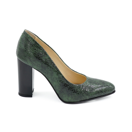 Pantofi elegant & office dama - Pantofi dama din piele naturala lacuita croco verde, cu varf ascutit si toc inalt gros imbracat de 9 cm 1040-26