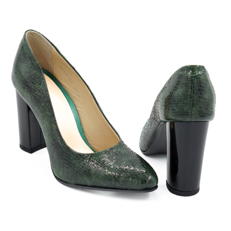 Pantofi dama din piele naturala lacuita croco verde, cu varf ascutit si toc inalt gros imbracat de 9 cm 1040-26 [4]