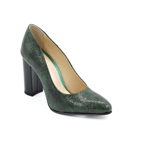 Pantofi dama din piele naturala lacuita croco verde, cu varf ascutit si toc inalt gros imbracat de 9 cm 1040-26 [1]