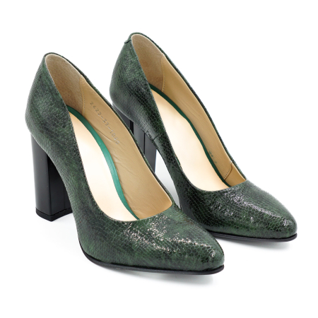 Pantofi dama din piele naturala lacuita croco verde, cu varf ascutit si toc inalt gros imbracat de 9 cm 1040-26 [2]