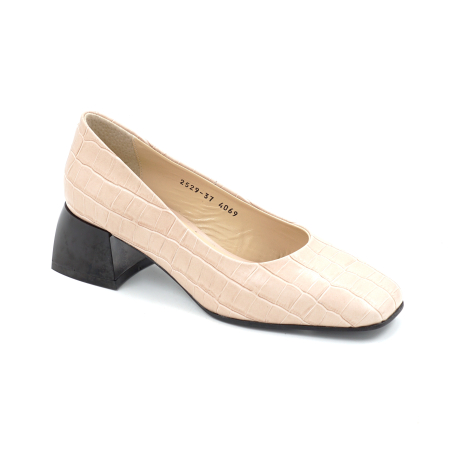 Pantofi dama din piele naturala croco bej cu varf patrat si toc mic gros de 4 cm 4069-3-25 [2]