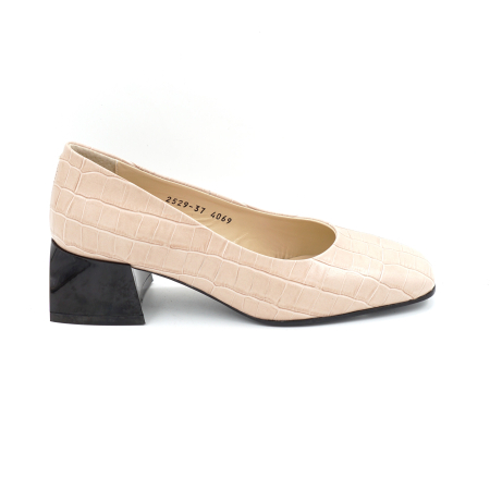 Pantofi dama din piele naturala croco bej cu varf patrat si toc mic gros de 4 cm 4069-3-25 [3]