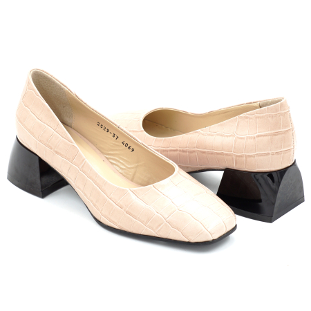 Pantofi dama - Pantofi dama din piele naturala croco bej cu varf patrat si toc mic gros de 4 cm 4069-3-25