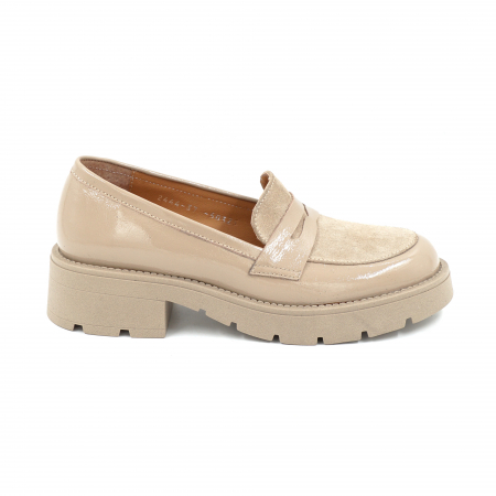 Lichidare stocuri - Pantofi dama casual loafers din piele naturala lacuita si intoarsa cappucino cu varf rotund si talpa de 3 cm 50325-25