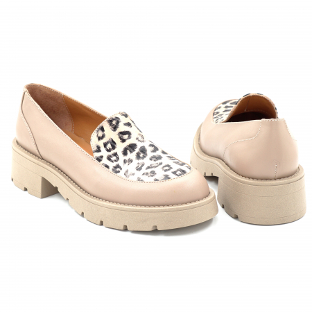 Pantofi dama casual loafers din piele naturala bej si cu imprimeu animal print cu varf rotund si talpa de 3 cm 63620-25 [4]