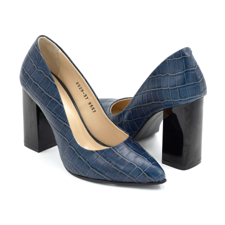 Pantofi dama din piele naturala croco albastru inchis cu varf ascutit stiletto si toc inalt gros de 9 cm 9557-8-25 [3]