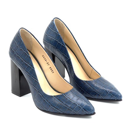 Pantofi dama din piele naturala croco albastru inchis cu varf ascutit stiletto si toc inalt gros de 9 cm 9557-8-25 [2]