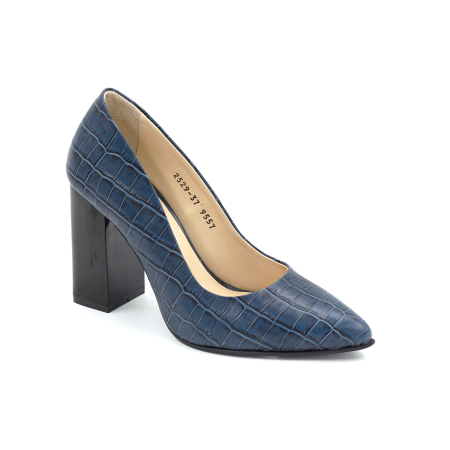 Pantofi dama din piele naturala croco albastru inchis cu varf ascutit stiletto si toc inalt gros de 9 cm 9557-8-25 [1]