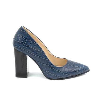 Lichidare stocuri - Pantofi dama din piele naturala croco albastru inchis cu varf ascutit stiletto si toc inalt gros de 9 cm 9557-8-25