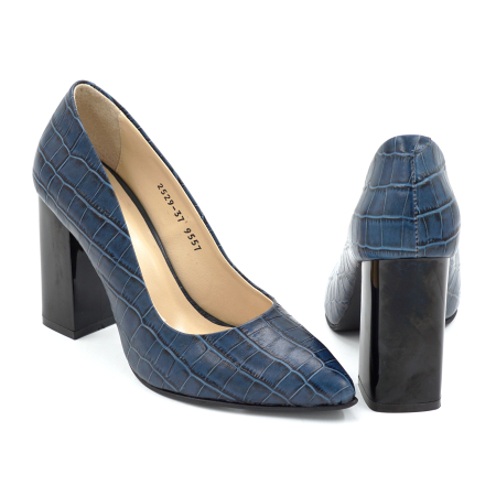 Pantofi dama din piele naturala croco albastru inchis cu varf ascutit stiletto si toc inalt gros de 9 cm 9557-8-25 [4]