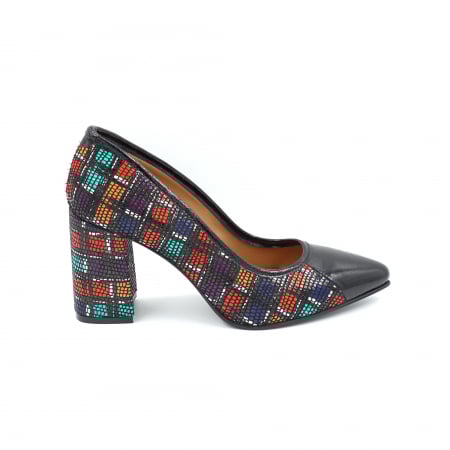Pantofi elegant & office dama - Pantofi dama din piele naturala lacuita neagra si cu imprimeu multicolor cu varf ascutit stiletto si toc mediu gros imbracat 8 cm 51420-1-25