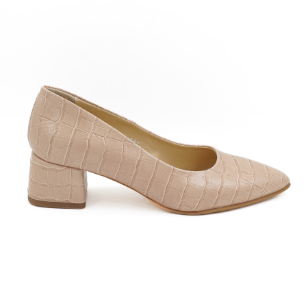 Pantofi elegant & office dama - Pantofi dama din piele naturala croco bej, cu varf ascutit stiletto si toc mic gros imbracat de 4 cm 4057-7-26