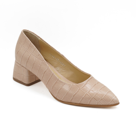 Pantofi dama din piele naturala croco bej, cu varf ascutit stiletto si toc mic gros imbracat de 4 cm 4057-7-26 [1]