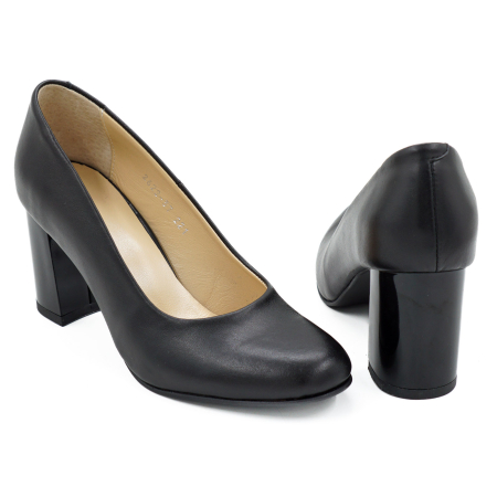 Pantofi dama din piele naturala neagra, cu varf rotund si toc mediu gros de 7 cm 0221-2-26 [4]