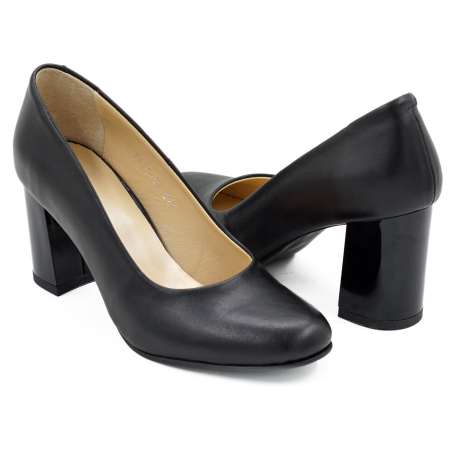 Pantofi dama din piele naturala neagra, cu varf rotund si toc mediu gros de 7 cm 0221-2-26 [3]